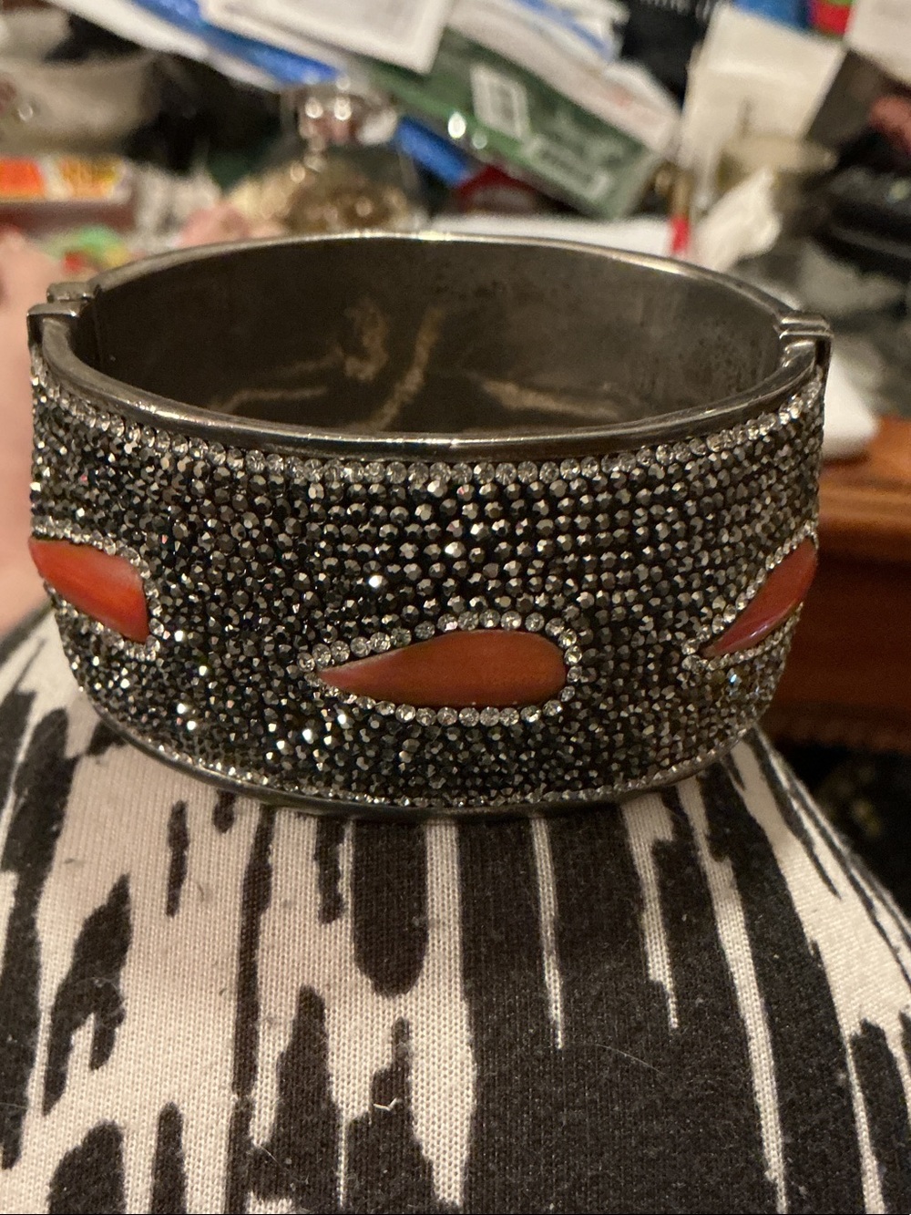 Coral and Hematite Crystal Wide Cuff Bracelet